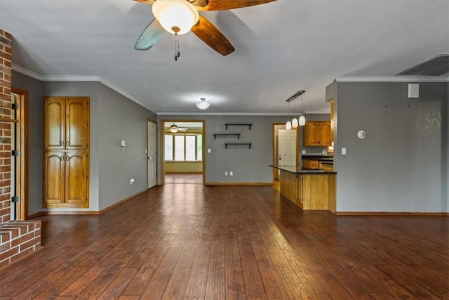 5 Sorbie Dr, Bella Vista, AR 72715 - unfurnished living room with ceiling fan, dark wood-type flooring, and ornamental molding