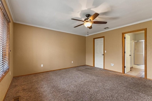 5 Sorbie Dr, Bella Vista, AR 72715 - unfurnished bedroom featuring light carpet, ornamental molding, a ceiling fan, and ensuite bath