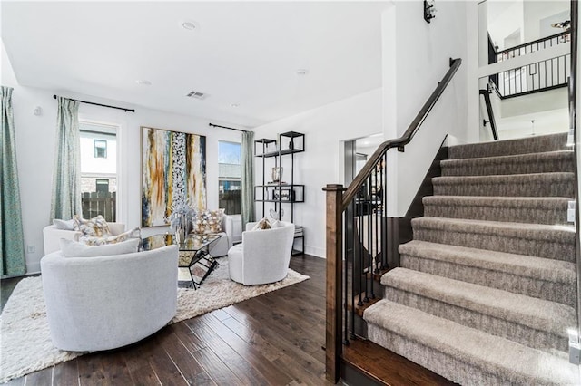 113 SE F St, Bentonville, AR 72712 - living area with dark wood finished floors, recessed lighting, stairs, and visible vents
