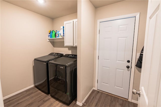 3715 S 1st Pl, Rogers, AR 72758 - laundry area featuring independent washer and dryer, baseboards, dark wood finished floors, and cabinet space