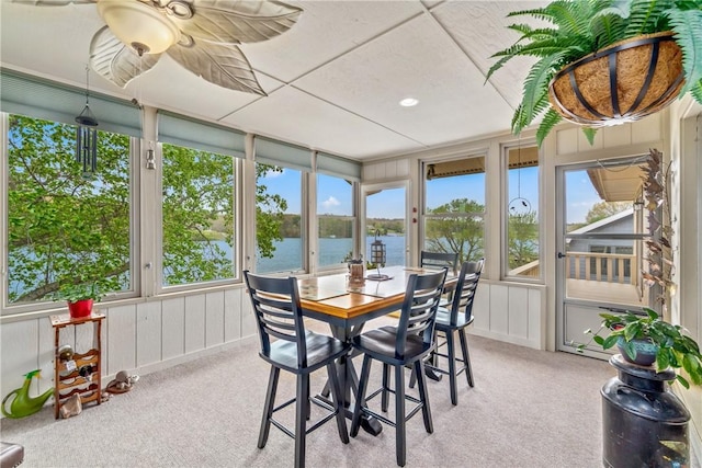 50 Churchill Dr, Bella Vista, AR 72715 - sunroom / solarium with ceiling fan, carpet, a water view, and a healthy amount of sunlight