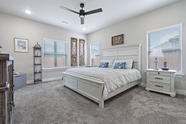 carpeted bedroom with recessed lighting, baseboards, visible vents, and ceiling fan