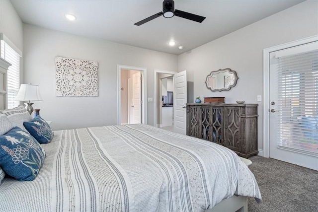 bedroom with access to outside, carpet flooring, ceiling fan, and recessed lighting