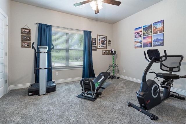 exercise room with ceiling fan, baseboards, and carpet