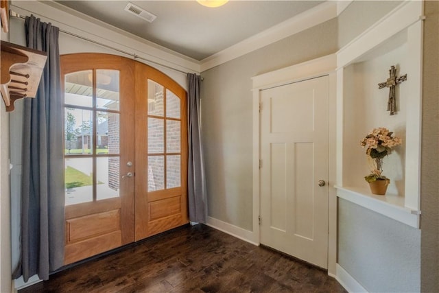 doorway with baseboards, visible vents, french doors, and dark wood-type flooring