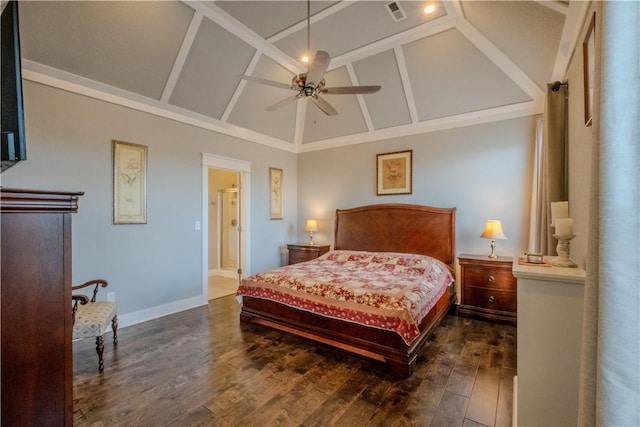 bedroom featuring a ceiling fan, visible vents, wood finished floors, high vaulted ceiling, and baseboards
