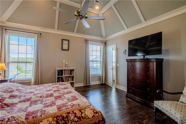 bedroom with visible vents, wood finished floors, baseboards, high vaulted ceiling, and a ceiling fan