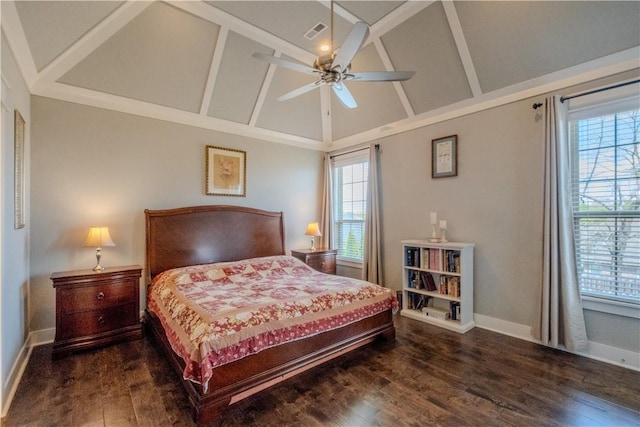 bedroom with ceiling fan, high vaulted ceiling, baseboards, wood finished floors, and visible vents