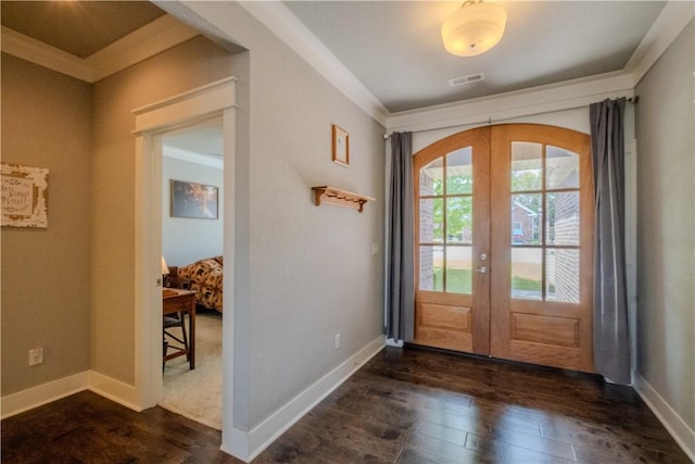 doorway to outside with french doors, dark wood-style flooring, baseboards, and visible vents