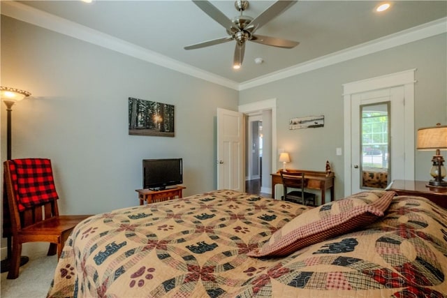carpeted bedroom featuring crown molding, recessed lighting, and a ceiling fan