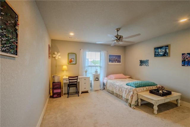 bedroom with recessed lighting, ceiling fan, baseboards, and carpet
