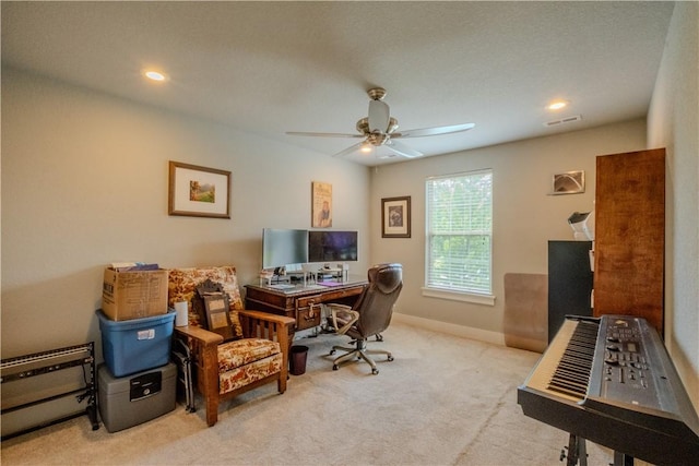 carpeted home office featuring a ceiling fan, baseboards, visible vents, and recessed lighting