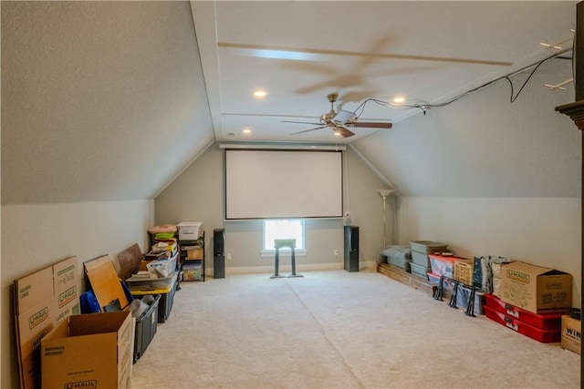 additional living space featuring ceiling fan, carpet, vaulted ceiling, and recessed lighting