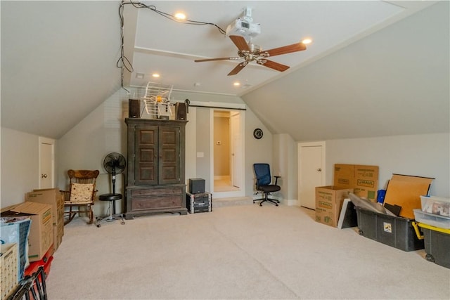 bonus room with a ceiling fan, carpet, recessed lighting, and lofted ceiling