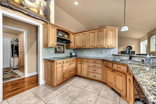 kitchen with decorative backsplash, lofted ceiling, stone countertops, under cabinet range hood, and a sink