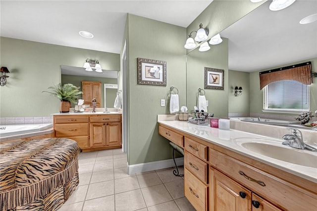bathroom with tile patterned flooring, baseboards, a bath, and vanity