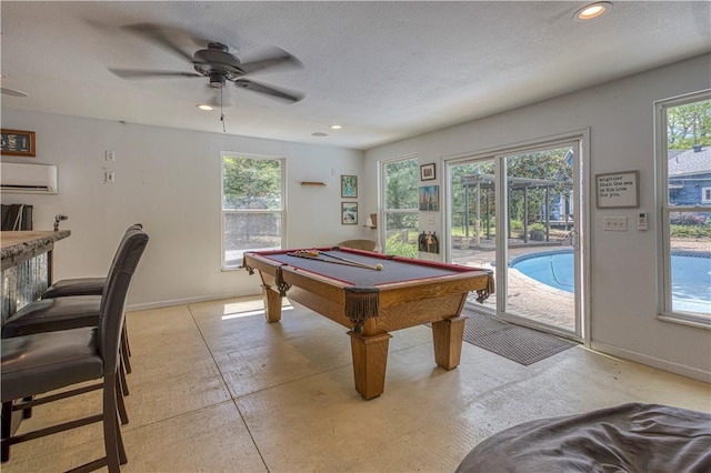 302 4th Ave, Gravette, AR 72736 - game room featuring billiards, a ceiling fan, a wall unit AC, baseboards, and recessed lighting