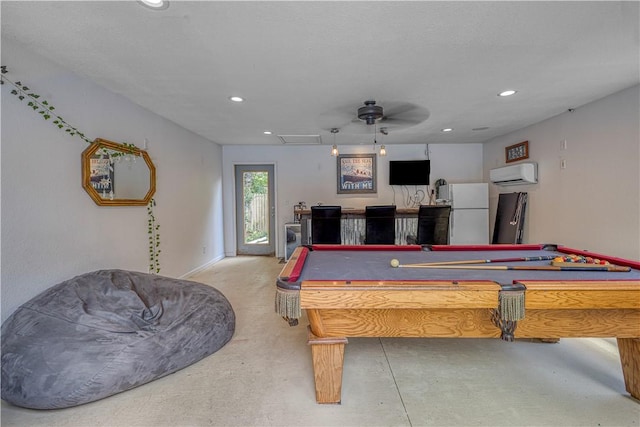 302 4th Ave, Gravette, AR 72736 - rec room featuring an AC wall unit, billiards, a ceiling fan, recessed lighting, and carpet flooring