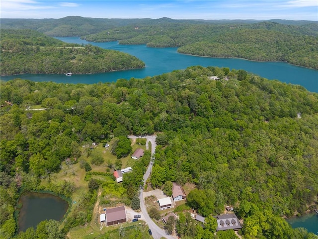 bird's eye view featuring a view of trees and a water and mountain view