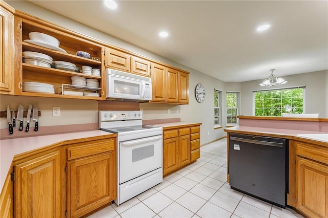 2 Saxilby Ln, Bella Vista, AR 72715 - kitchen with white appliances, open shelves, an inviting chandelier, and light countertops