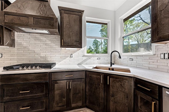 4 Lothian Dr, Bella Vista, AR 72715 - kitchen featuring custom exhaust hood, a sink, stainless steel gas cooktop, and dark brown cabinetry
