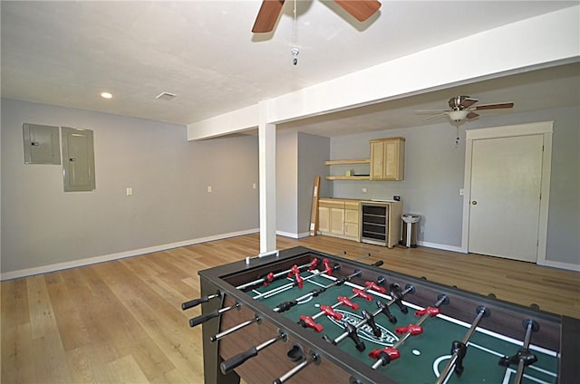 3 Evelynia Cir, Bella Vista, AR 72715 - recreation room featuring a ceiling fan, baseboards, light wood-style floors, and electric panel