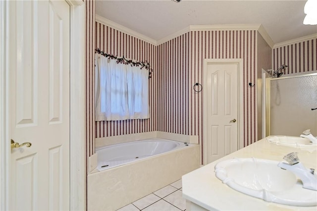 bathroom featuring wallpapered walls, ornamental molding, and a sink