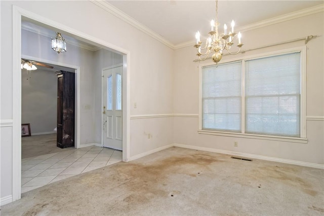 unfurnished dining area featuring visible vents, crown molding, tile patterned flooring, baseboards, and carpet flooring
