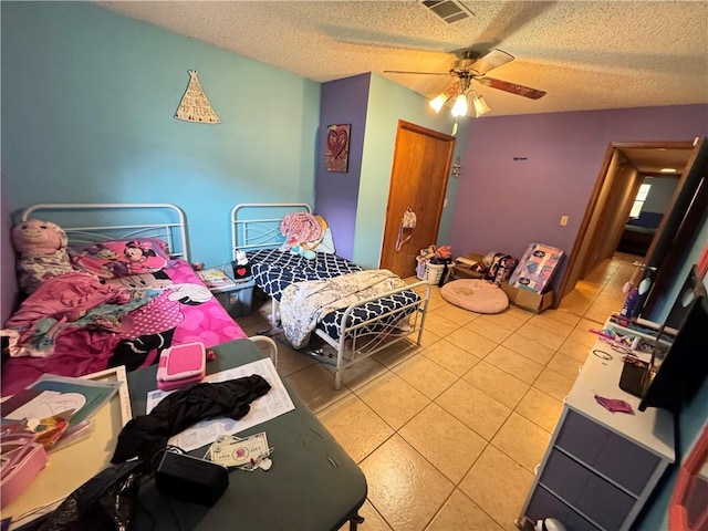 60 N Redwood Cir, Sallisaw, OK 74955 - bedroom with visible vents, a textured ceiling, ceiling fan, and light tile patterned floors