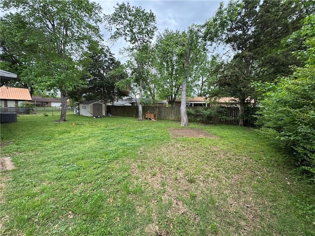 60 N Redwood Cir, Sallisaw, OK 74955 - view of yard featuring a storage unit, a fenced backyard, cooling unit, and an outdoor structure