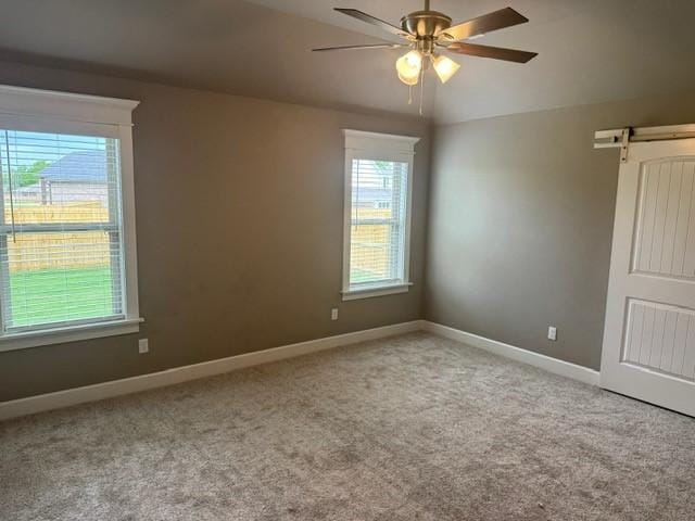 empty room with carpet floors, a barn door, ceiling fan, and a wealth of natural light