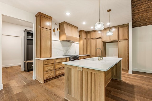 kitchen with a sink, baseboards, and light wood finished floors