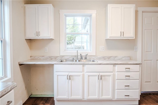 kitchen with a sink, white cabinetry, and dark wood-style flooring