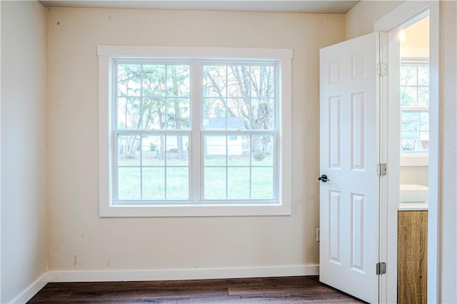 interior space with baseboards, a healthy amount of sunlight, and dark wood-type flooring
