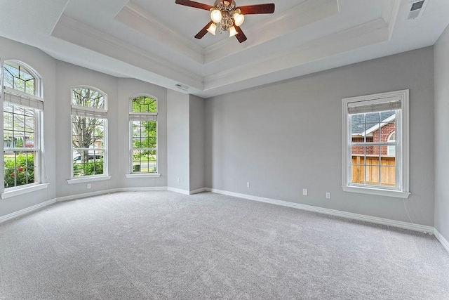 empty room with crown molding, a raised ceiling, and carpet