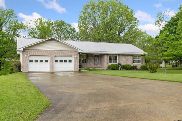 ranch-style house with an attached garage, a front lawn, driveway, and brick siding