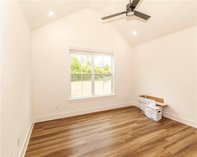 empty room with baseboards, recessed lighting, ceiling fan, and wood finished floors