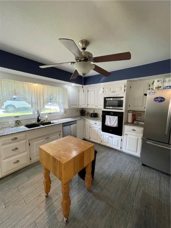 kitchen with stainless steel appliances, ceiling fan, a sink, and wood finished floors