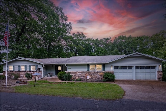 1 Panbury Ln, Bella Vista, AR 72715 - ranch-style home featuring stone siding, driveway, an attached garage, a yard, and roof with shingles