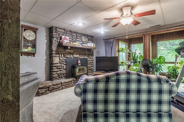 1 Panbury Ln, Bella Vista, AR 72715 - carpeted living area with ceiling fan and a paneled ceiling