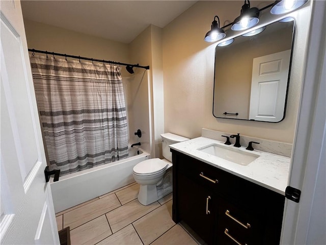 full bath with visible vents, shower / bath combination with curtain, tile patterned flooring, vanity, and toilet
