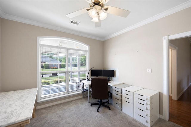 2314 W 7th St, Russellville, AR 72801 - home office with light carpet, a ceiling fan, baseboards, visible vents, and ornamental molding