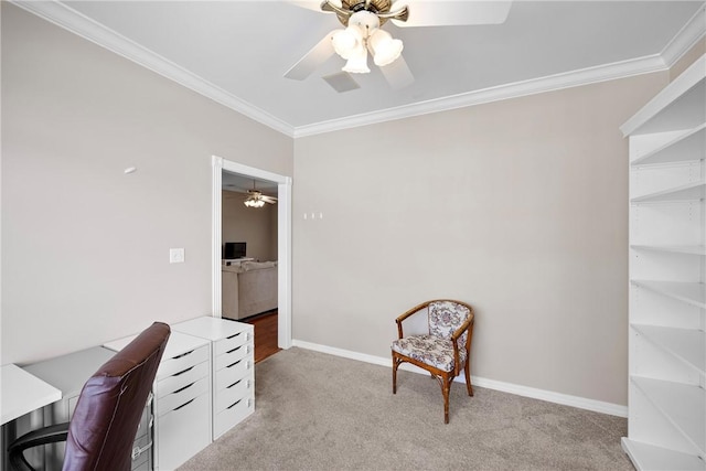 2314 W 7th St, Russellville, AR 72801 - office area featuring baseboards, ceiling fan, ornamental molding, and light colored carpet