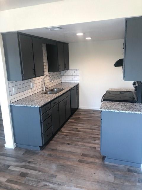 kitchen featuring dark wood-style flooring, a sink, extractor fan, black / electric stove, and tasteful backsplash