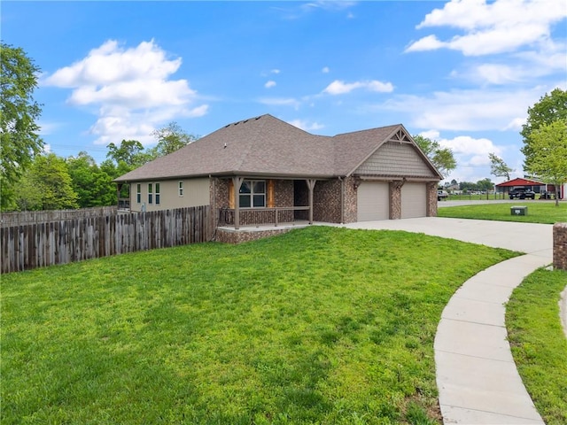 ranch-style home with covered porch, fence, brick siding, driveway, and a front lawn