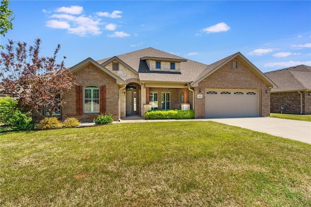 view of front facade featuring brick siding, an attached garage, driveway, and a front yard