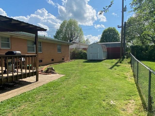 view of yard with a fenced backyard, a storage unit, an outdoor structure, and a deck
