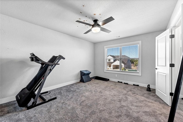 1701 S 23rd Pl, Rogers, AR 72758 - workout room with ceiling fan, a textured ceiling, visible vents, baseboards, and carpet flooring