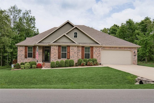 craftsman inspired home with an attached garage, a front lawn, driveway, and brick siding