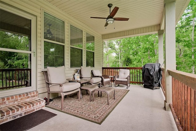 view of patio with covered porch, ceiling fan, and area for grilling